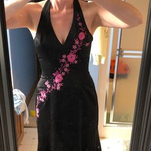 black halter dress size 9/10 embroidered flowers